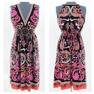 I C E  Abstract Midi Dress with Beaded Waist L EUC